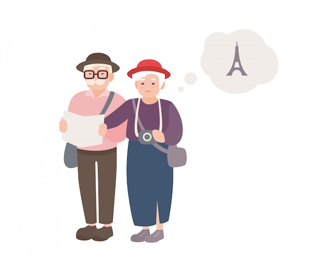 Paire De Touristes Masculins Et Féminins âgés Souriants Avec Carte. Heureux Vieux Couple Voyageant Dans Le Monde. Grands-parents En Vacances En France. Personnages De Dessins Animés Isolés Sur Fond Blanc. Illustration.