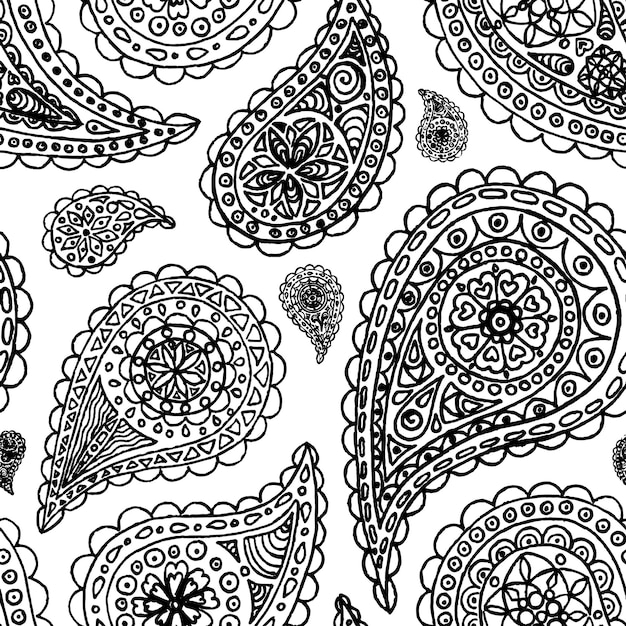 Paisley buta doodle dessin au trait monochrome vecteur de modèle sans couture