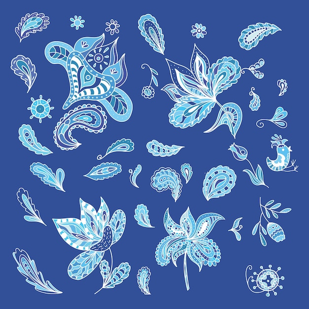 Paisley Et Ornements De Fleurs Pour La Conception D'affiches De Cartes D'invitation Dans Le Style Croquis Doodle Sur Fond Bleu