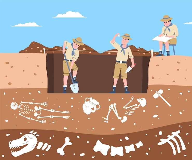 Vecteur paléontologue travaillant découverte d'archéologie historique dessin animé scène de paléontologie os vestiges anciens dans le sol graphique vectoriel récent