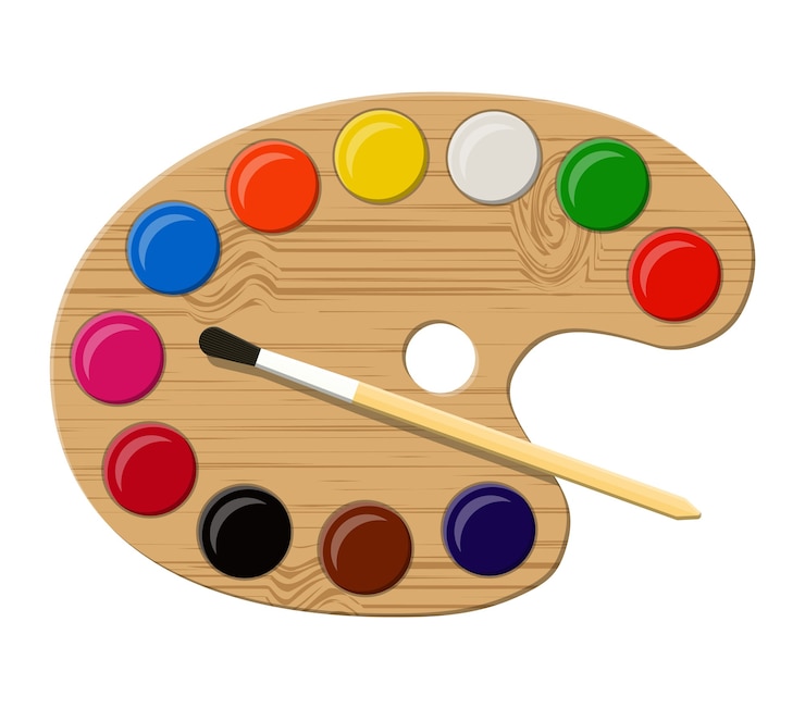 Vecteur palette d'art en bois avec peintures et pinceau