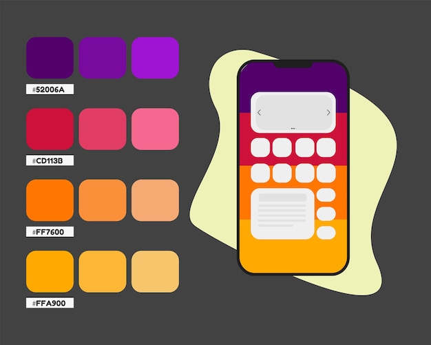 Vecteur palette de couleurs d'application mobile violet rouge orange, codes de couleur pour application mobile, catalogue de couleurs chaudes