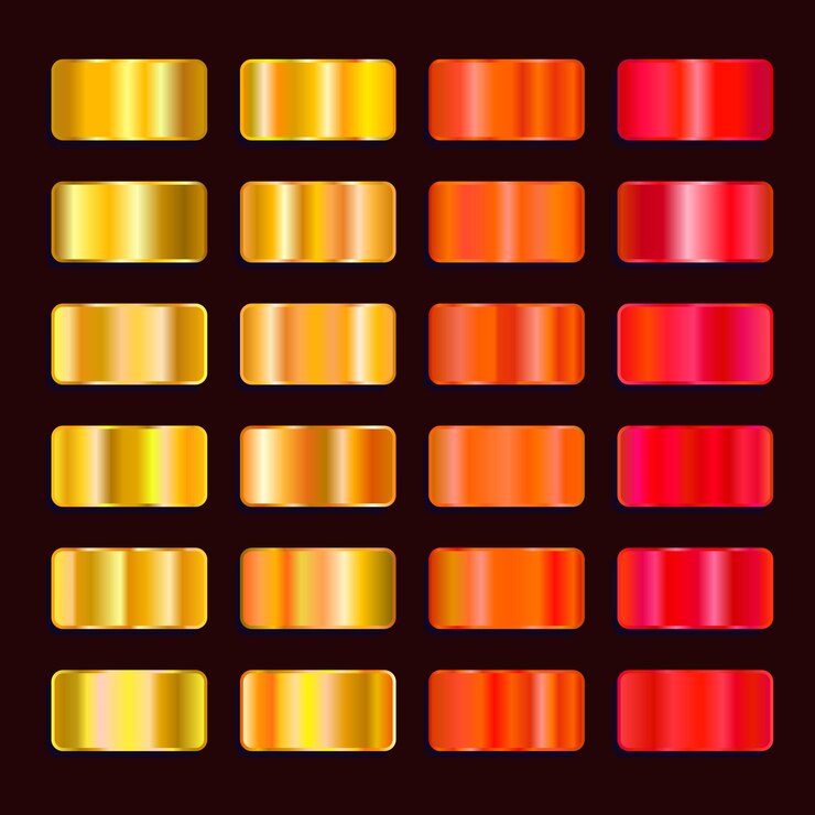 Palette de couleurs dégradées effet acier coloré. Jeu de texture en métal jaune orange rouge or