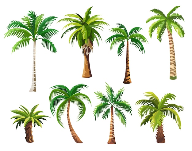 Palmeraie de dessin animé Palmiers de noix de coco Pâmes de coco Plis d'Hawaï Miami Égypte Brésil Plage forêt tropicale jungle élément d'île parapluie naturel illustration vectorielle ingénieuse