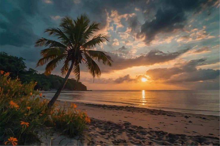 Vecteur un palmier est sur la plage et le soleil se couche.