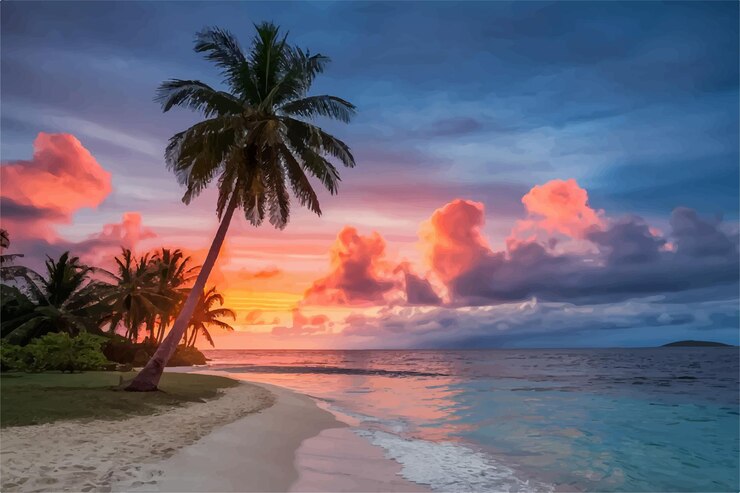 Vecteur un palmier est sur la plage et le soleil se couche.