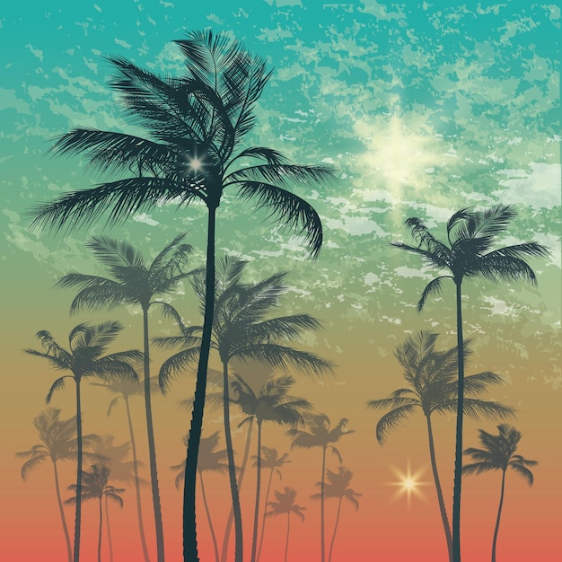Vecteur palmiers tropicaux exotiques au coucher ou au lever du soleil illustration vectorielle