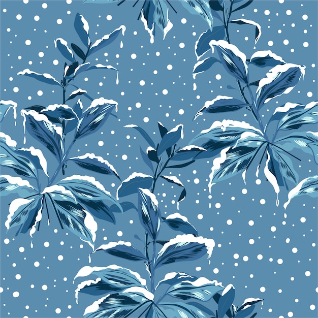 Palnts botaniques bleu monotone avec motif sans soudure humeur hiver neige, conception pour la mode, tissu, papier peint, emballage et tous les imprimés