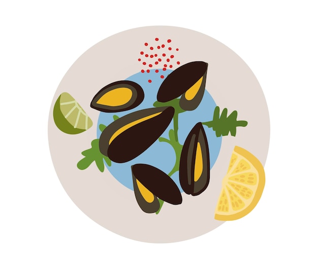 Palourdes, moules fruits de mer japonais asiatiques. Dessin animé mignon illustration vectorielle dessinés à la main.