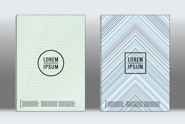 Pancarte minimale. Couverture géométrique vectorielle. Modèle de rapport tendance hipster. Ensemble de dépliants de conception graphique à dégradé de lignes futuristes. Mises en page minimales de mode. Des pancartes rayées. Ensemble de conception de bannière rétro.