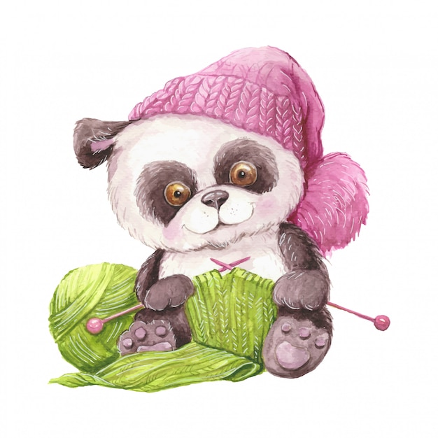 Panda Aquarelle De Dessin Animé Mignon Dans Un Bonnet Tricoté Avec Une Pelote De Laine Et Tricot.