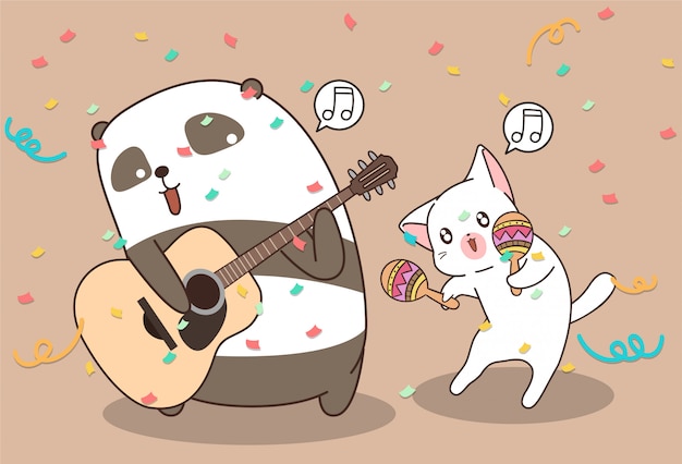 Le Panda Et Le Chat De Kawaii Jouent D'un Instrument De Musique