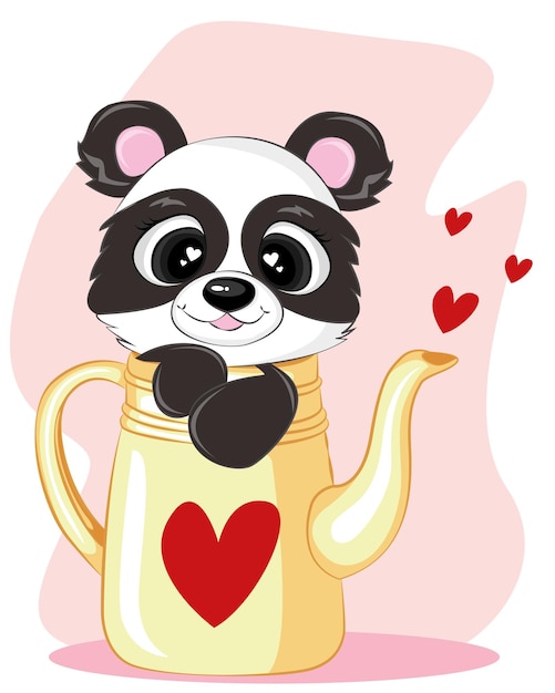 Vecteur panda dans la théière, pour la conception de la saint-valentin.