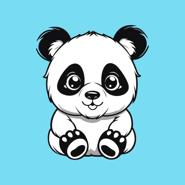 Panda de dessin animé mignon assis sur un fond bleu