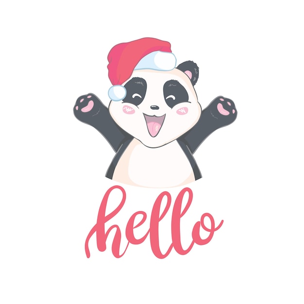 Panda De Dessin Animé Mignon Avec Un Chapeau De Noël Rouge Sur Fond Blanc