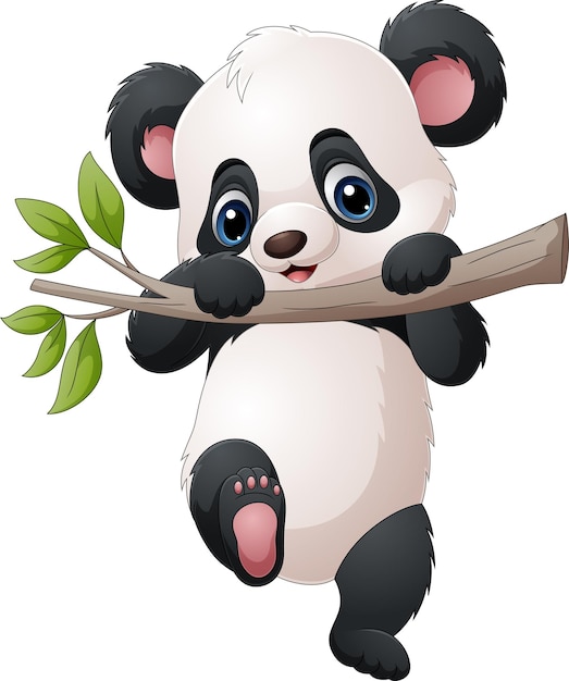 Vecteur un panda de dessin animé suspendu à une branche d'arbre