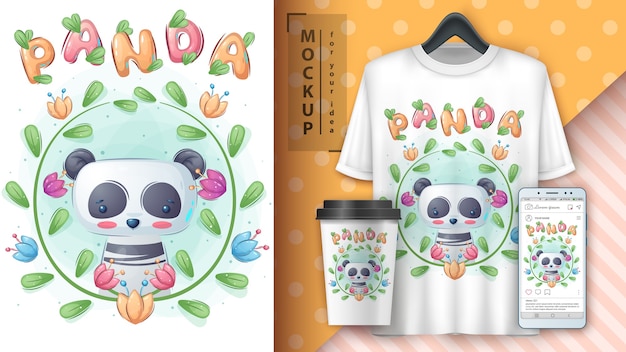 Vecteur panda en fleur. affiche et merchandising