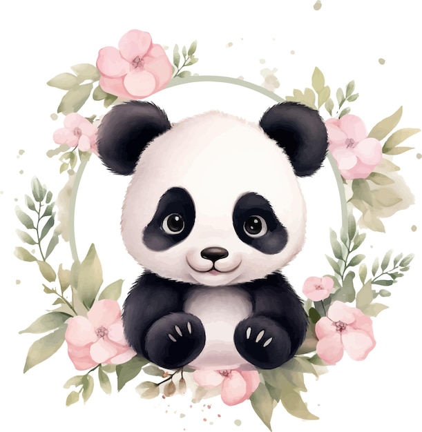 Vecteur panda fleurs mignonnes aquarelle dessinée à la main