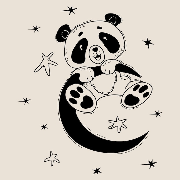 Panda Joyeux Mignon Sur La Lune Personnage Mignon Animal Linéaire Dessin à La Main Doodle Pour La Collection D'enfants