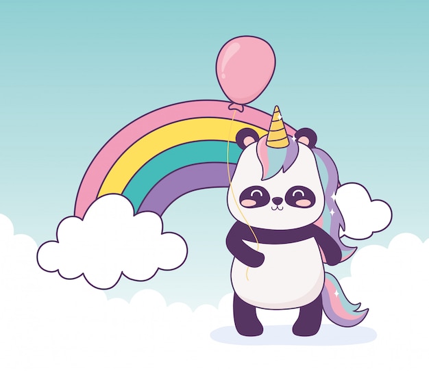 Panda Avec Licorne Et Ballon Dessin Animé Décoration Arc-en-ciel