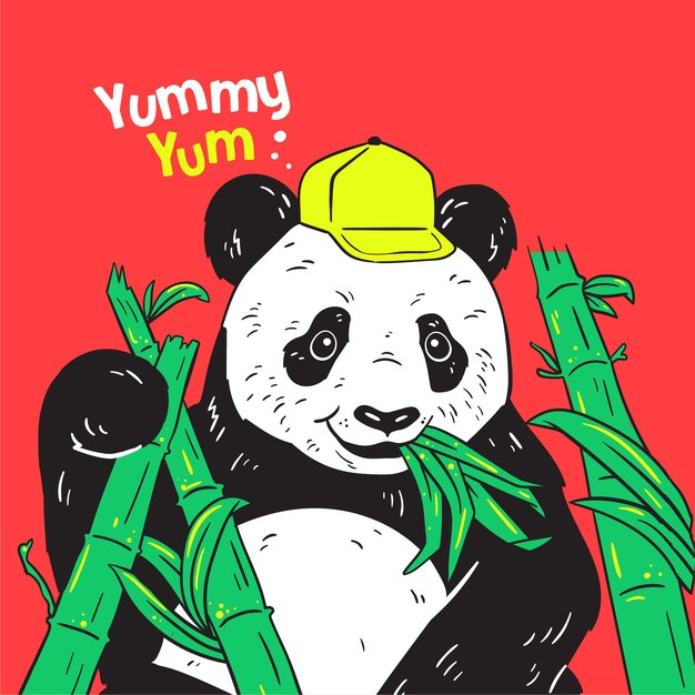 Panda Manger Du Bambou Avec Chapeau Illustration Vectorielle Animal Mignon Yummy Yum Illustration Vectorielle