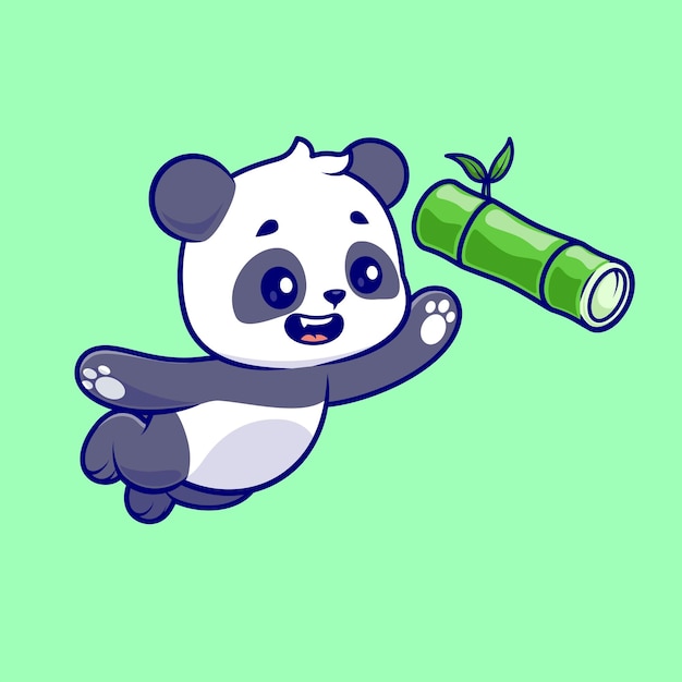 Panda Mignon Attrapant L'illustration D'icône De Vecteur De Dessin Animé De Bambou. Concept D'icône De Nature Animale Isolé