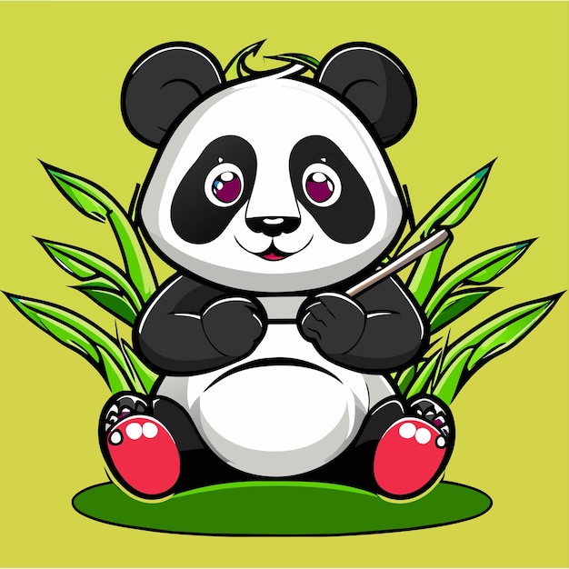 Vecteur panda mignon avec bambou dessiné à la main dessin animé autocollant icône concept illustration isolée