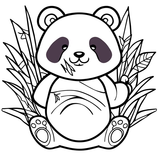 Panda Mignon Avec Bambou Dessiné à La Main Dessin Animé Autocollant Icône Concept Illustration Isolée