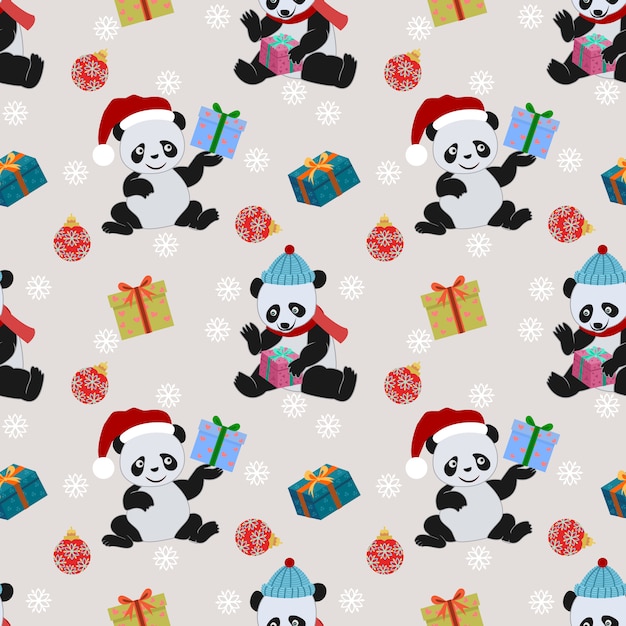 Panda Mignon Et Cadeau Avec Motif De Chapeau De Noël.