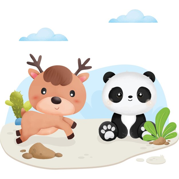 Le Panda Mignon Et Le Cerf Sont Meilleurs Amis