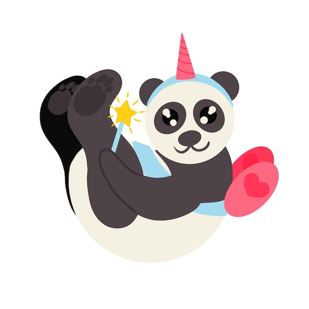 Panda mignon en costume de fée avec baguette magique sur fond blanc Illustration vectorielle Élément de conception