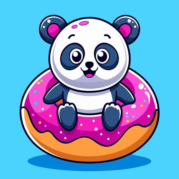 Vecteur le panda mignon dans le donut est une mascotte dessinée à la main, un personnage de dessin animé, un autocollant, un concept d'icône isolé.