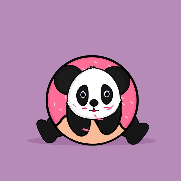 Panda Mignon Dans L'illustration D'icône De Vecteur De Dessin Animé De Donut. Concept d'icône de nourriture animale isolé Premium V