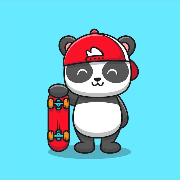 Panda Mignon Avec Dessin Animé De Planche à Roulettes. Concept D'icône De Sport Animal Isolé. Style De Bande Dessinée Plat