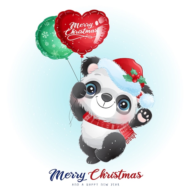 Panda Mignon Doodle Pour Le Jour De Noël Avec Illustration Aquarelle