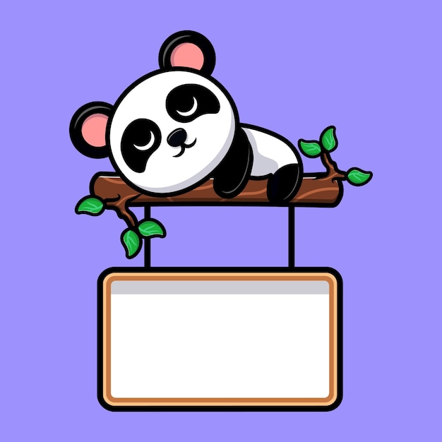 Vecteur panda mignon dormant sur l'arbre avec la mascotte de dessin animé de tableau blanc vierge