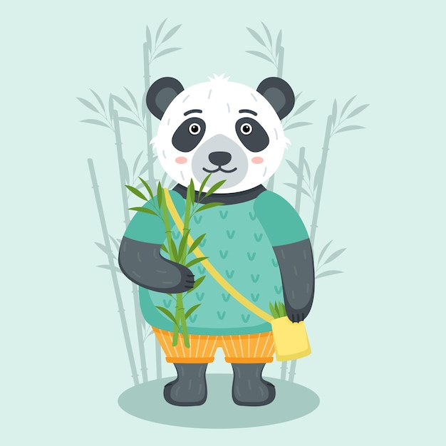 Panda Mignon Avec Du Bambou, Illustration Vectorielle