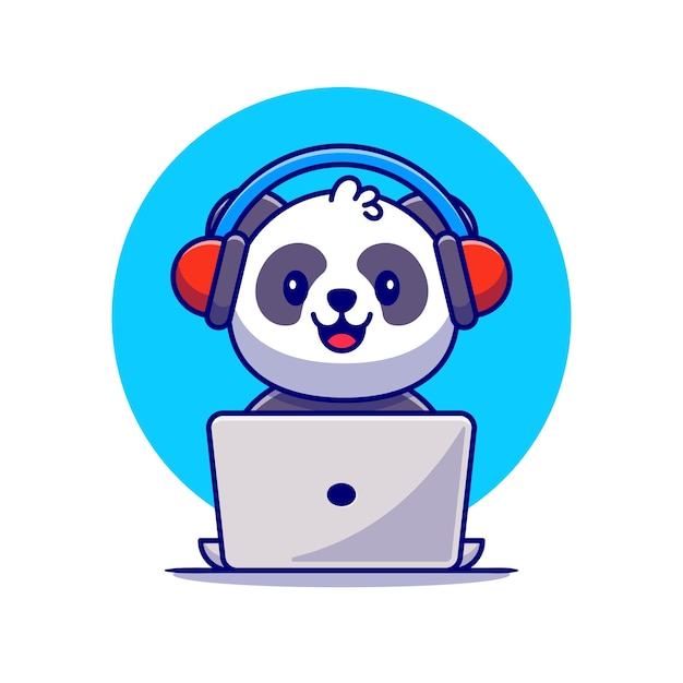 Panda Mignon écoutant De La Musique Avec Casque Et Ordinateur Portable Cartoon Icon Illustration. Concept D'icône De Musique Animale Premium. Style De Bande Dessinée Plat