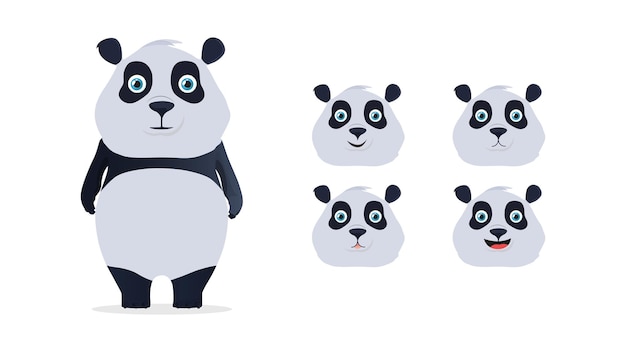 Vecteur panda mignon, ensemble de vecteurs de personnages animaux panda. les pandas portent un personnage avec une expression mignonne