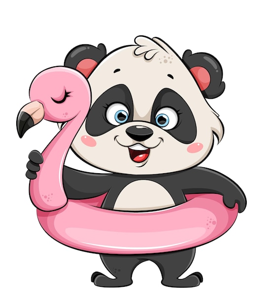 Panda Mignon Avec Flamant Rose Gonflable Pour Piscine