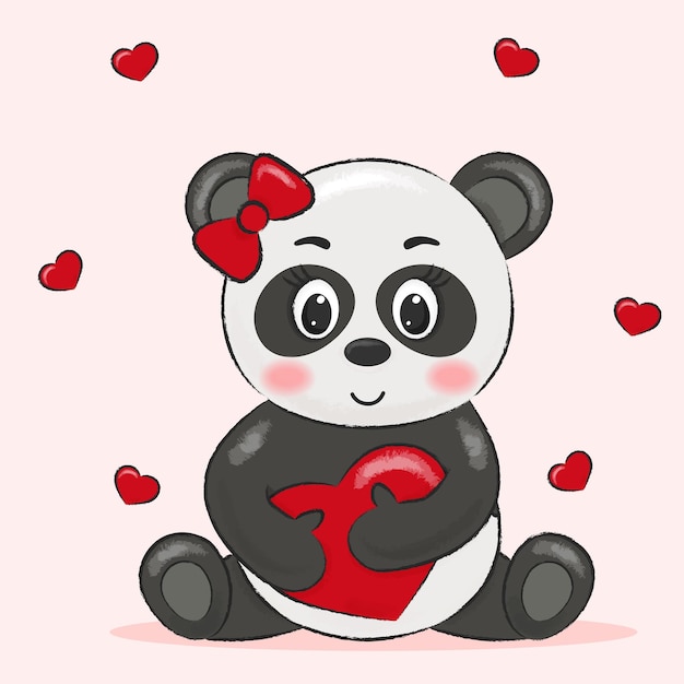 panda mignon sur fond rose avec des coeurs