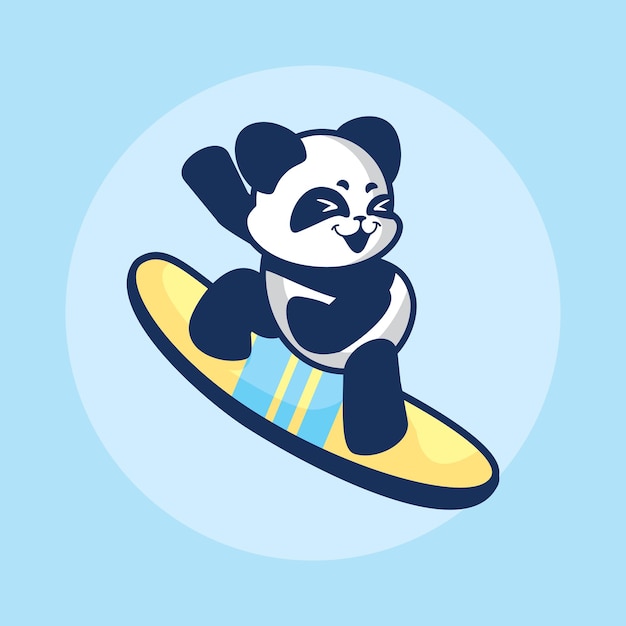 Panda Mignon Jouant à La Planche De Surf Illustration De Dessin Animé Kawaii