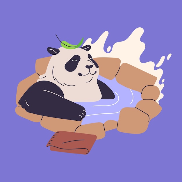 Vecteur un panda mignon se repose dans un onsen. un ours asiatique moelleux se baigne dans une source chaude, un personnage de jungle heureux assis dans un étang et souriant, un animal chinois gonflé heureux se détend et se couche dans l'eau. illustration vectorielle isolée plate.