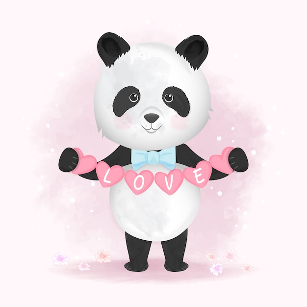 Panda mignon tenant illustration de dessin animé dessiné main coeur