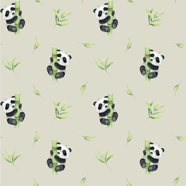 Vecteur panda mignon tient à une tige de bambou feuilles de bambou modèle sans couture aquarelle