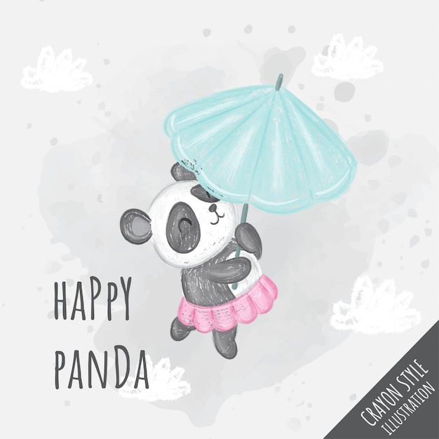 Panda Mignon Volant Avec Illustration De Parapluie Pour Enfants - Style Crayon