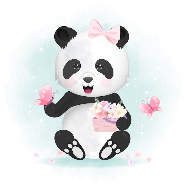 Panda Avec Papillon Et Illustration De Panier De Fleurs