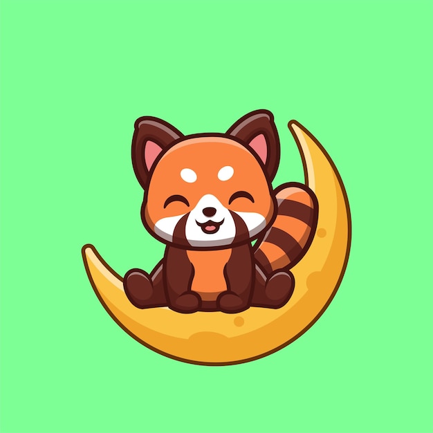 Panda rouge assis sur la lune Logo de mascotte de dessin animé Kawaii créatif mignon