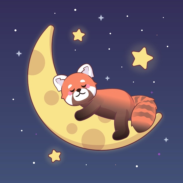 Panda rouge de dessin animé mignon dormant sur la lune avec des étoiles