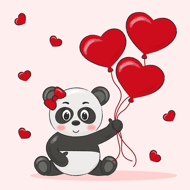 panda de la saint valentin avec coeur de ballons